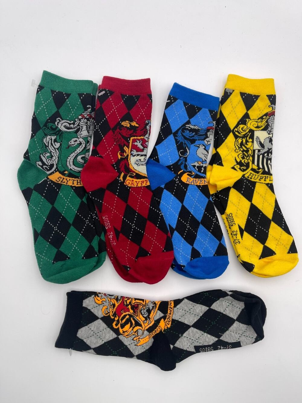 Harry Potter House Crest Crew Socks 5 Pair Size 5-9.5 Red Blue Black Yellow